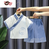 绿彩虹光汉服男童中国风古装儿童男孩夏季唐装短袖夏装2022新款棉麻两件套演出服