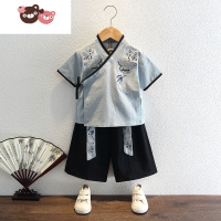 绿彩虹光汉服男童古风夏季短袖唐装两件套古装公子少爷服儿童中国风表演服演出服