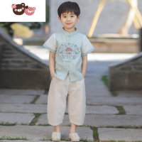 绿彩虹光儿童唐装男童汉服夏季薄款中国风复古古装公子少爷服宝宝周岁礼服演出服
