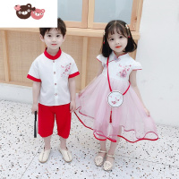 绿彩虹光男童中国风汉服唐装女孩夏装六一节演出服表演服兄妹装姐弟装套装