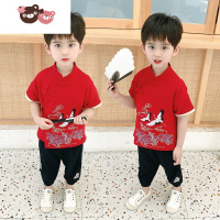 绿彩虹光汉服男童古风帅气少爷服儿童装唐装演出服中国风夏季薄款短袖套装