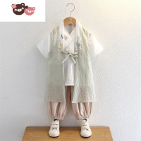 绿彩虹光汉服男童短袖棉麻套装儿童中国风薄款夏季三件套宝宝学校演出服秋