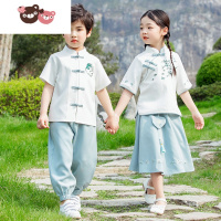 绿彩虹光儿童夏季唐装汉服国学服男童中国风古装演出服女童薄款小学生套装
