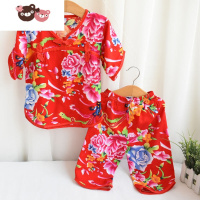 绿彩虹光女童唐装2件套装宝宝仙女装儿童汉服复古装夏绵绸睡衣人造棉家居