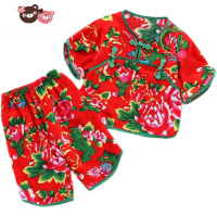 绿彩虹光东北大花布衣服婴儿服夏季儿童民族风短袖套装男女宝宝家居服睡衣