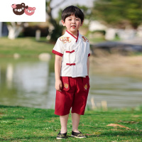 绿彩虹光儿童汉服女夏季薄款短袖套装男童唐装中国风女童古装幼儿园演出服