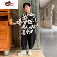 绿彩虹光唐装儿童男童中国风中山领汉服童装男孩夏装国潮熊猫套装薄款衣服