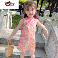 绿彩虹光儿童夏季薄款无袖碎花小旗袍女童中长款中国风仙女连衣裙复古童装裙子