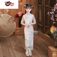 绿彩虹光女童旗袍女2022中国风公主裙修身少女长款走秀演出服夏秋旗袍古筝裙子