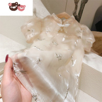 绿彩虹光女童法式暮云纱旗袍夏装中国风重工刺绣珍珠领宝宝泡泡袖连衣裙裙子