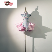 绿彩虹光女童旗袍礼服绣花古风缎面儿童中国风模特走秀连衣裙俏皮娃娃裙裙子