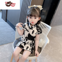 绿彩虹光女童旗袍连衣裙宝宝夏季洋气中小童可爱熊猫裙儿童中国风唐装裙子