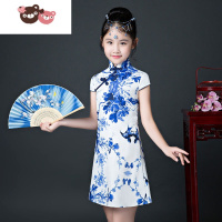 绿彩虹光儿童旗袍大童中国风女童青花瓷小女孩国潮连衣裙古筝演出服夏季裙子