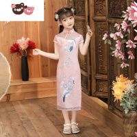绿彩虹光儿童旗袍夏季2022新女童走秀晚礼服中大童少女中国风喜鹊长款旗袍裙子