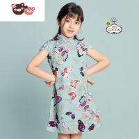 绿彩虹光思普瑞小屋 蓝湖色底彩蝶图案印花 女童旗袍 儿童中式礼服裙子