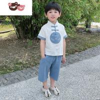 绿彩虹光唐装男童夏季棉麻套装小女孩短袖改良襦裙汉服儿童六一国学表演服裙子