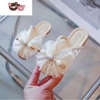 绿彩虹光亮片凉拖鞋包头半拖鞋女童外穿2022年儿童蝴蝶结珍珠平底鱼嘴凉拖