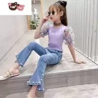绿彩虹光女童牛仔裤子春秋新款中大童喇叭裤时尚洋气女宝宝儿童休身长裤潮