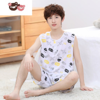 绿彩虹光夏季青少年儿童棉绸睡衣背心短裤大童学生薄款无袖男童绵绸家居服 裤子