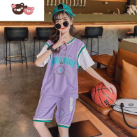 绿彩虹光女童运动套装夏季篮球服宽松儿童休闲短袖短裤两件套速干衣足球服 裤子
