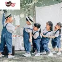 绿彩虹光幼儿园毕业班小清新儿童背带裤牛仔男女洋气小童大班幼儿背带裤潮 裤子