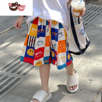 绿彩虹光儿童夏季裤子男童新款洋气宽松笑脸短裤男孩薄款休闲直筒沙滩裤夏