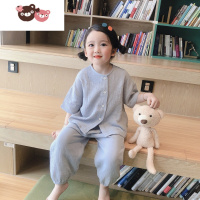 绿彩虹光儿童纱布睡衣女童家居服短袖长裤套装卡通男童空调服薄款吸汗 裤子