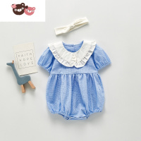 绿彩虹光2022年夏款婴幼童女宝宝洋气娃娃领格子短袖哈裙爬服哈衣+发带