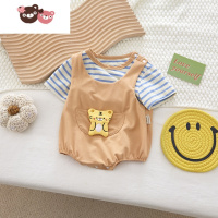 绿彩虹光ins韩版2022夏季婴儿可爱老虎条纹拼接连体哈衣男女宝宝短袖爬服