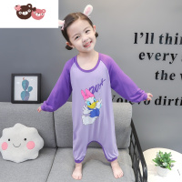 绿彩虹光儿童连身睡衣夏薄款莫代尔睡袋长袖女童婴儿空调服冰丝宝宝连体衣