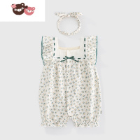 绿彩虹光新生婴儿短爬衣服女宝宝连身衣22夏季新款无袖田园风儿童连体衣