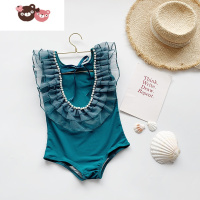 绿彩虹光女童洋气沙滩度假泳装夏季新款韩版儿童珍珠边比基尼宝宝连体泳衣连身衣