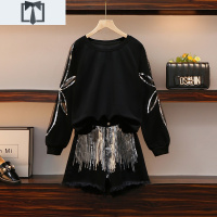 SUNTEK大码女装春秋装胖妹妹显瘦时尚卫衣短裤微穿搭洋气两件套装卫衣