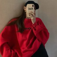 SUNTEK大红色2020新款无帽卫衣女秋冬加绒加厚宽松韩版中长款慵懒风外套卫衣