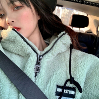 SUNTEK羔绒外套女秋冬薄荷绿加厚卫衣女宽松韩版潮棉衣棉服加绒上衣服卫衣