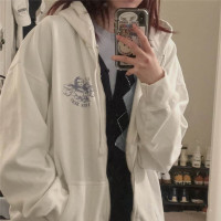 SUNTEK小天使bf连帽宽松白色卫衣女加绒加厚开衫拉链慵懒风潮牌情侣外套卫衣