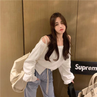 SUNTEKchic港味露锁骨一字肩甜辣上衣不规则显瘦玫红色卫衣2021年新款女卫衣