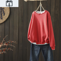 SUNTEK枫谜20年秋冬新款文艺简约加绒套头卫衣女宽松休闲拼接假俩件上衣卫衣