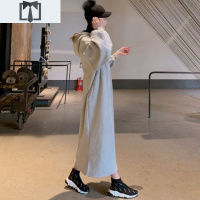 SUNTEK韩版长款连帽卫衣过膝女新款春秋打底连衣裙宽松显瘦开叉套头外套卫衣