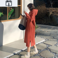 SUNTEK加绒加厚过膝休闲连衣裙女秋冬大码长款宽松遮肉显瘦连帽卫衣裙子卫衣