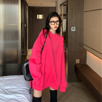 SUNTEK玫红色2020新款无帽卫衣女秋冬加绒加厚宽松韩版中长款慵懒风外套卫衣