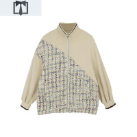 SUNTEK盐系卫衣女小个子2020年新款韩版宽松开衫立领拼接粗花呢炸街外套卫衣