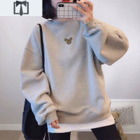SUNTEK豹纹米奇头假两件卫衣女加绒加厚中长款学生宽松韩版秋冬2020新款卫衣