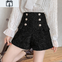 SUNTEK秋冬亮丝短裤女2020新款韩版时尚双排扣高腰阔腿休闲黑色靴裤外穿休闲裤