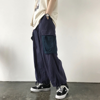 SUNTEK20日系复古束腿工装裤松紧腰直筒大口袋拼接BF风宽松休闲阔腿裤潮休闲裤