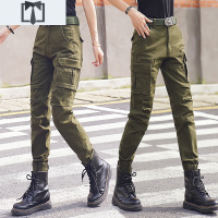 SUNTEK帅气束脚工装裤女宽松显瘦高腰弹力直筒军绿裤黑色休闲裤春秋季潮休闲裤