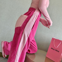 SUNTEK禾可可撞色灯芯绒直筒阔腿裤2020新款秋冬显瘦垂感拖地休闲裤女休闲裤