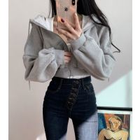 SUNTEK时尚高腰短款加绒大帽子开衫卫衣女 洋气收腰宽松版夹克短外套潮卫衣