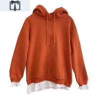 SUNTEK南瓜色假两件卫衣女慵懒风宽松显瘦下摆袖子白边叠穿加绒连帽上衣卫衣