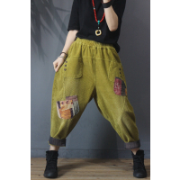 SUNTEK米木子 复古贴布灯芯绒哈伦裤女 2020春季新款松紧腰大码潮流垮裤休闲裤